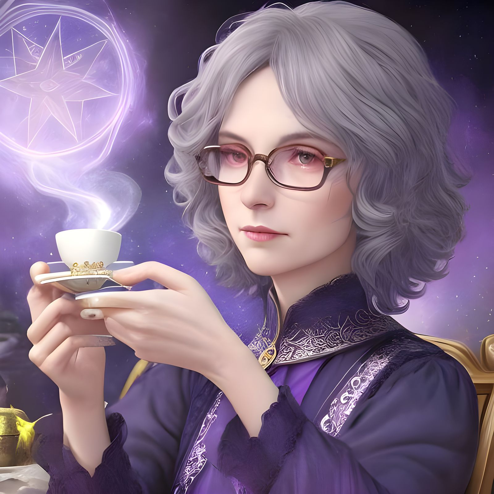 Grey Haired Woman Reading Tarot Cards: Digital Art