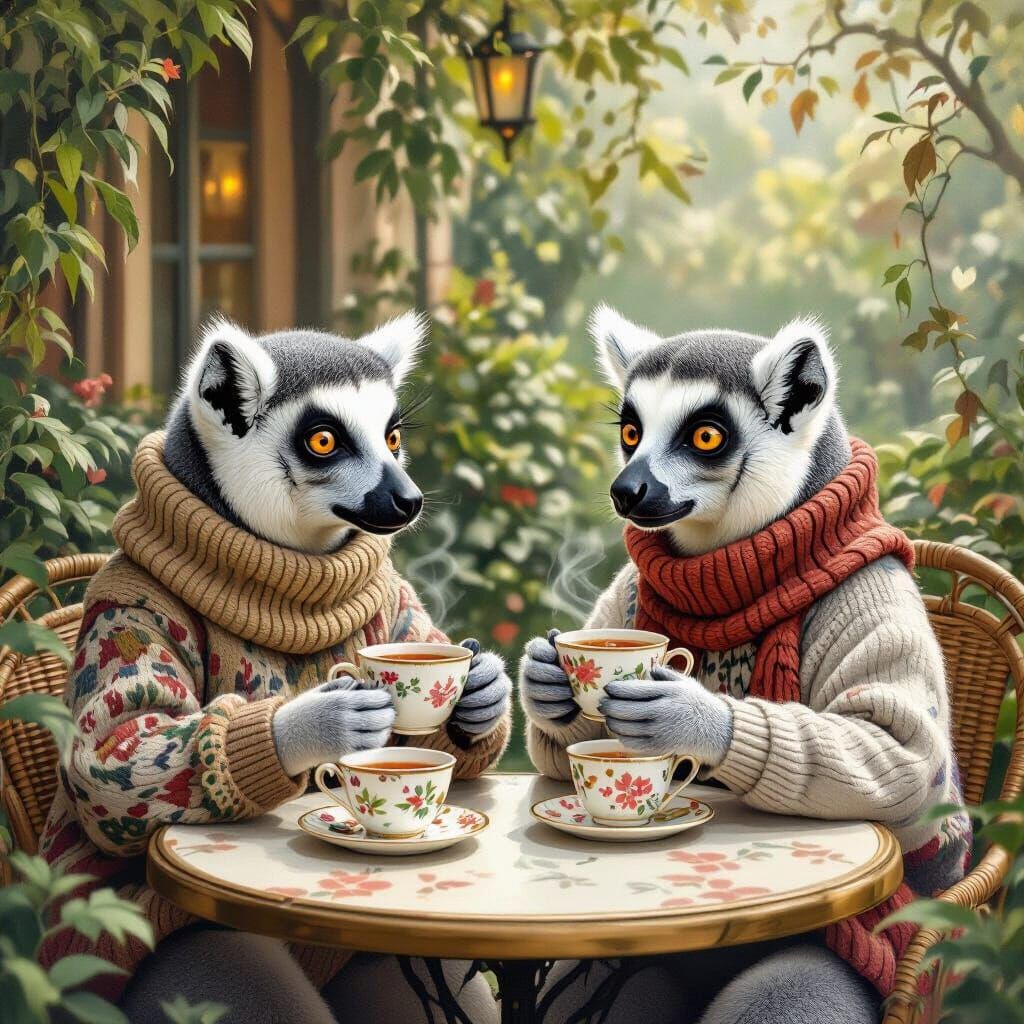 Lemurs Enjoying Tea in a Whimsical Cafe