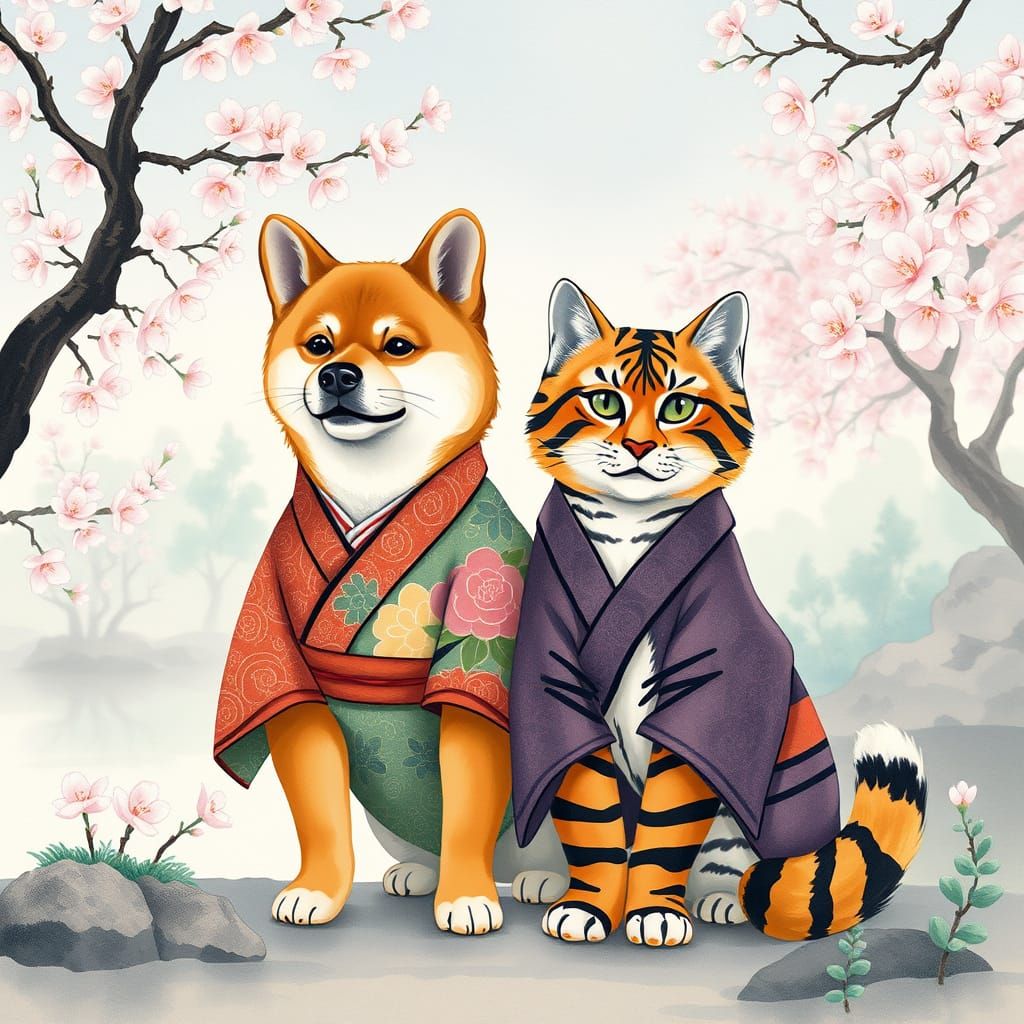 Shiba and Tiger Cat in Kimonos, Japanese Garden