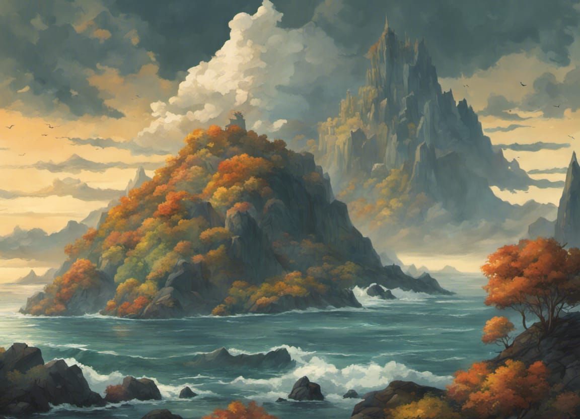 Majestic Forest Island in Stormy Seas