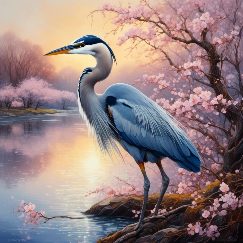Majestic Blue Heron Portrait with Blossoms at Sunrise