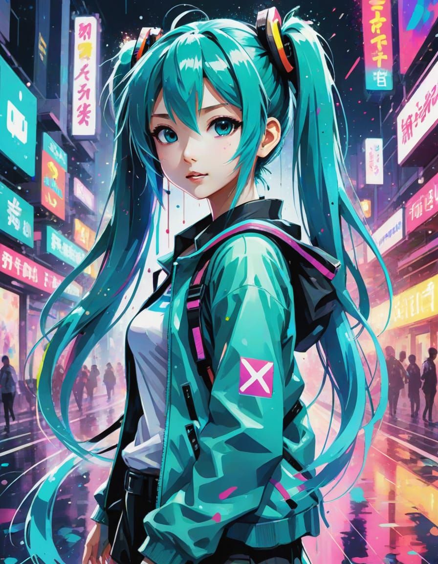 Hatsune Miku in Vibrant Watercolor Splash Art