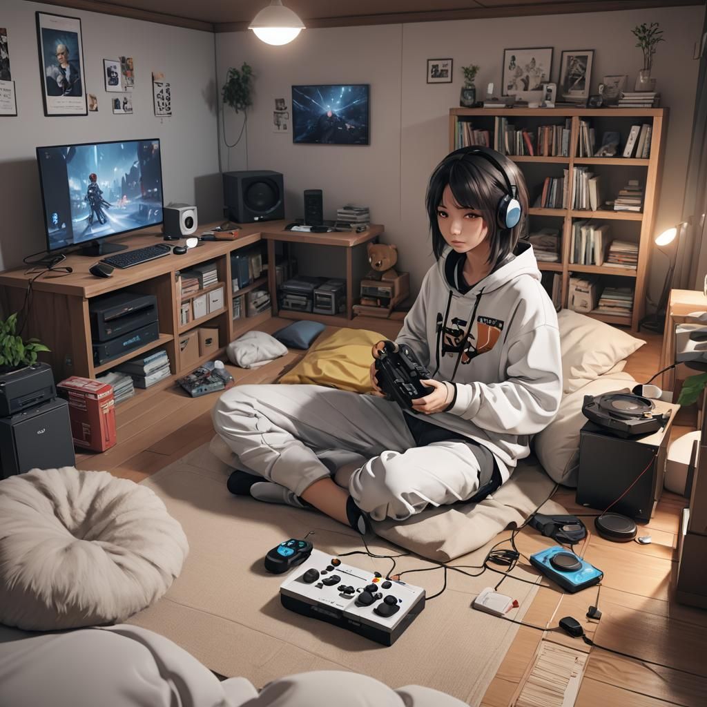 Cozy Gaming Setup in 3D Anime Style