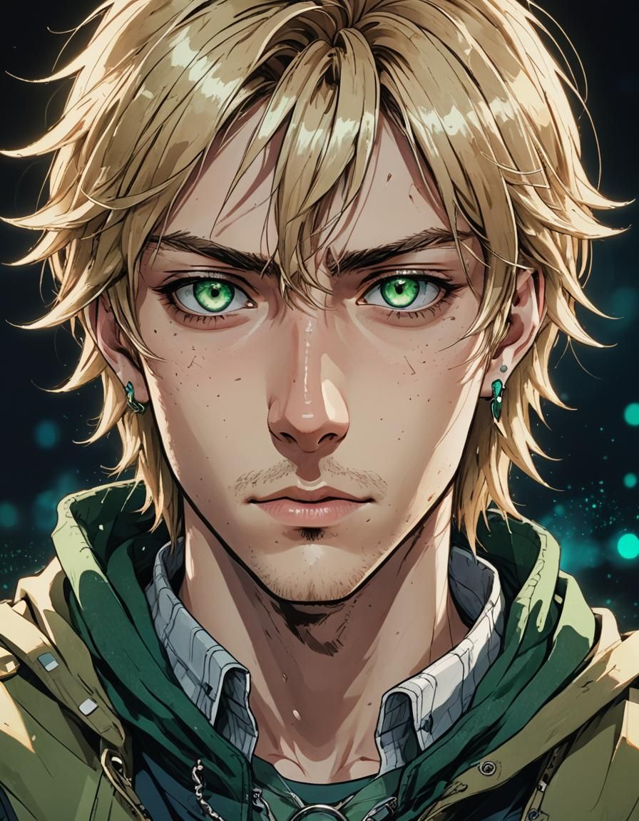 Anime Portrait of Young Man with Green Eyes