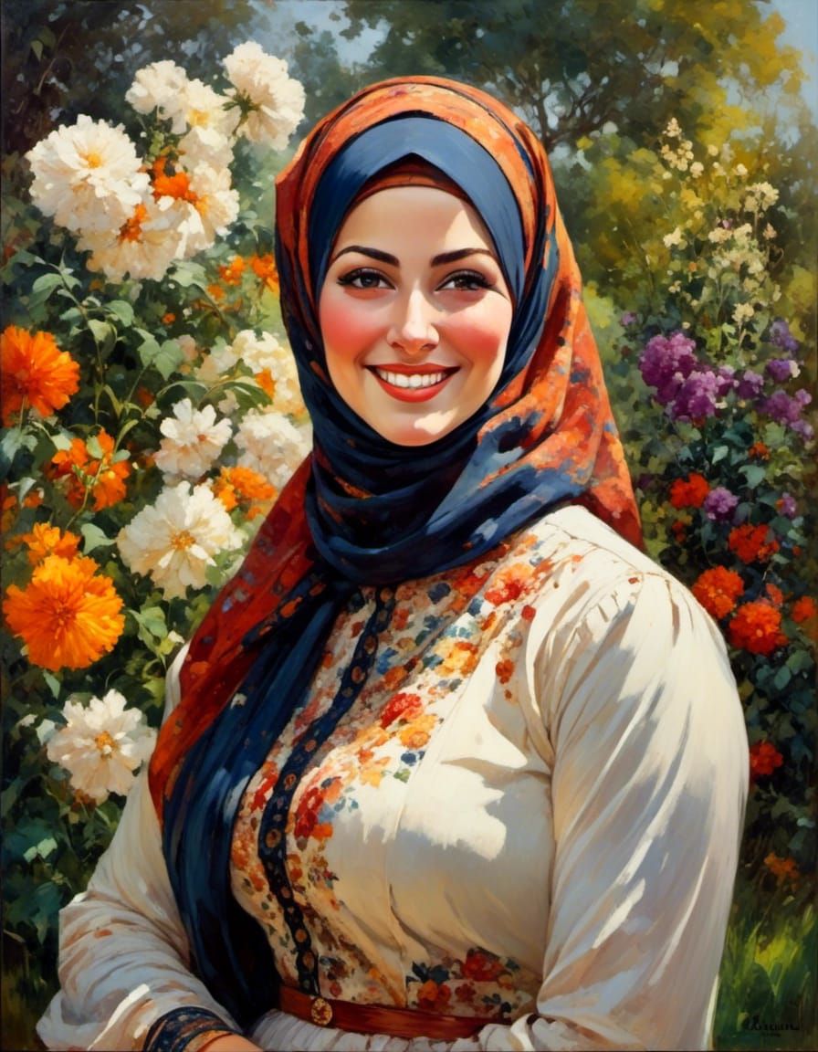 Elegant Hijabi Woman in Flowered Dress Portrait