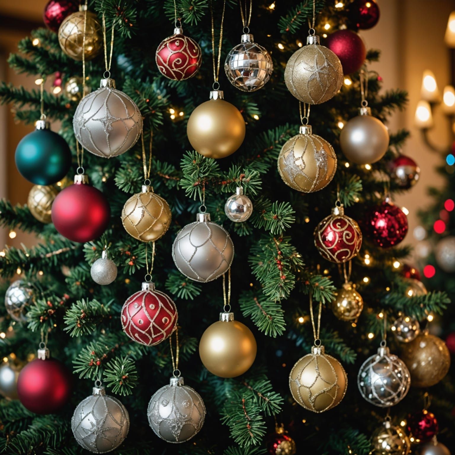 Festive Christmas Decorations with Lights and Baubles