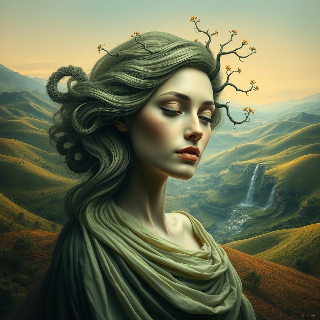 Ethereal Surrealist Landscape with Blending Woman