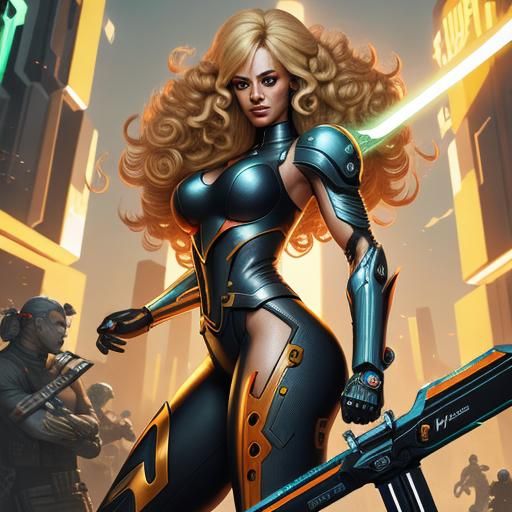 Cyborg Barbarella in Cyberpunk Action Scene