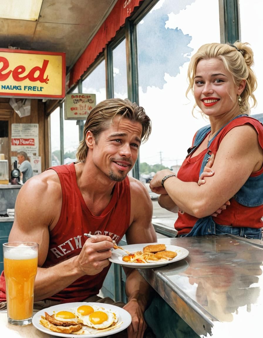 Extreme wide shot of Brad Pitt, age 25, long light blonde ha...