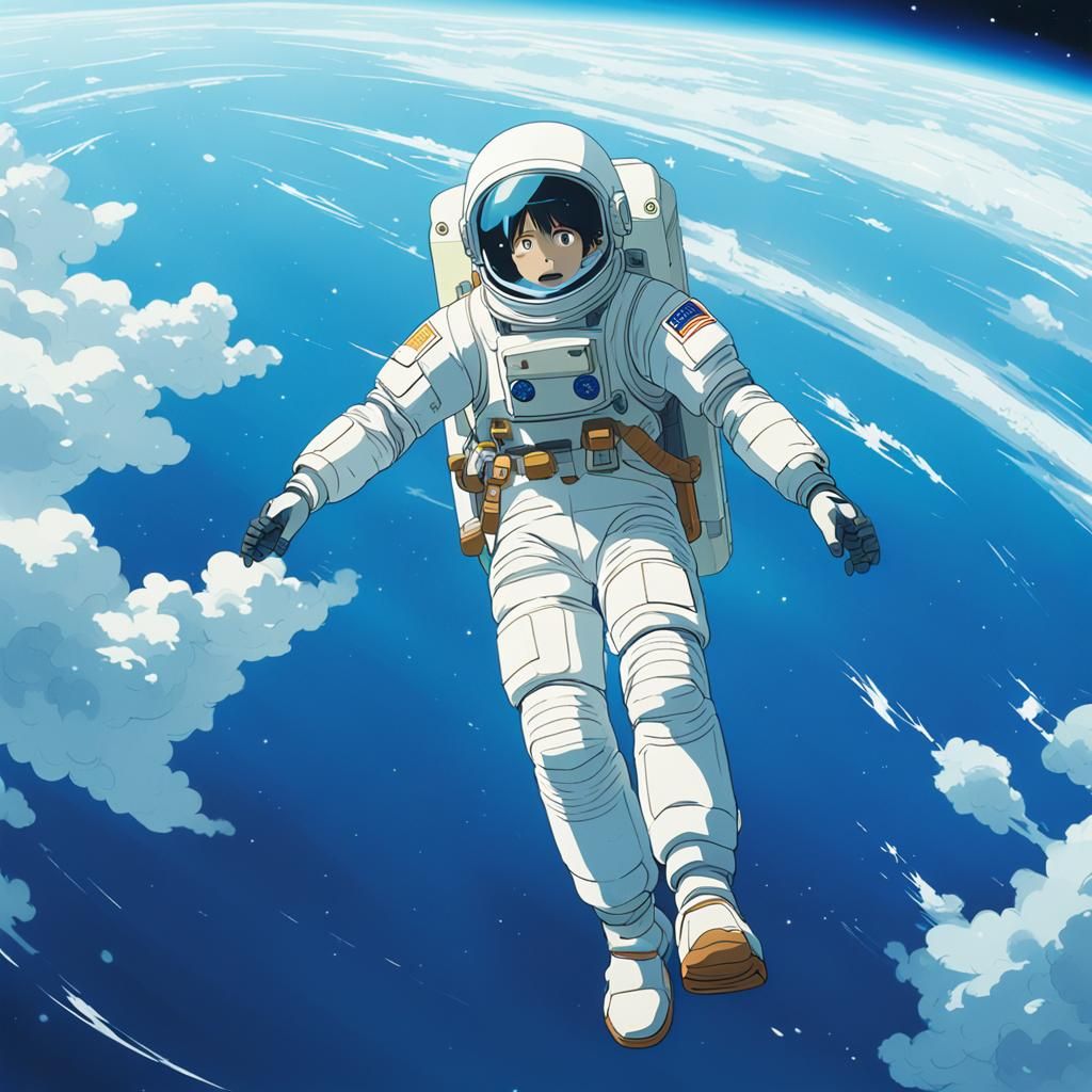 Astronaut in White Suit Flying in Space: Cyberpunk Anime