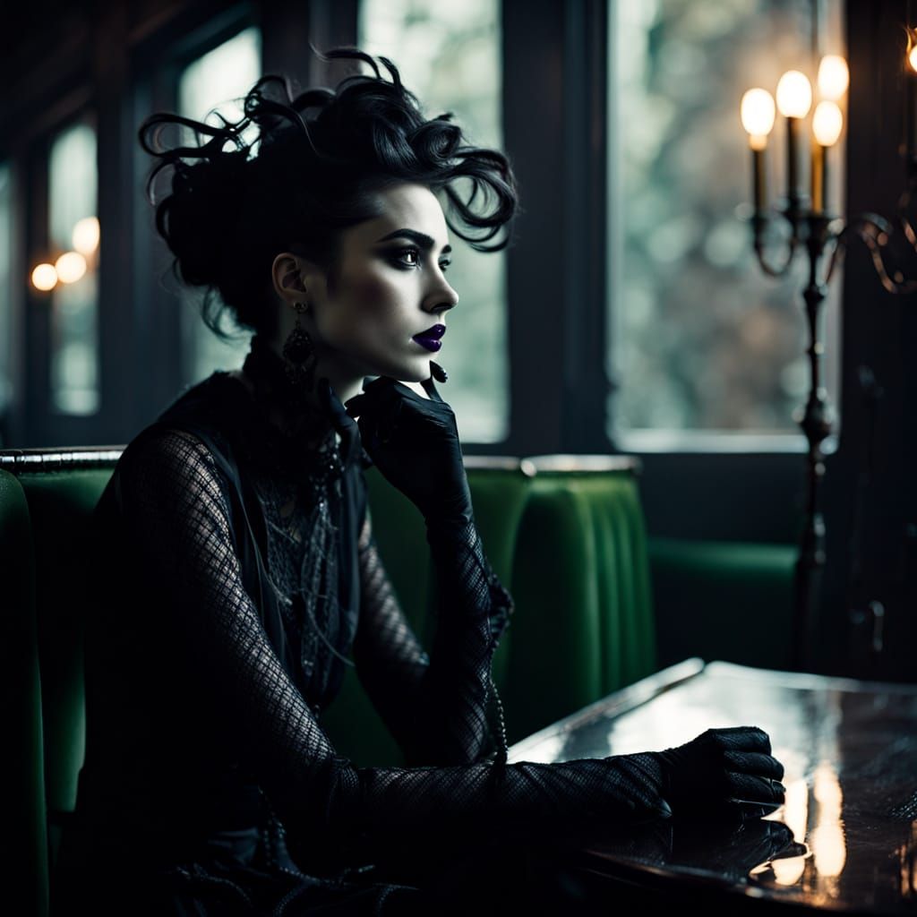 Gothic Model in Coffee Shop: Tim Burton-Inspired Photography
