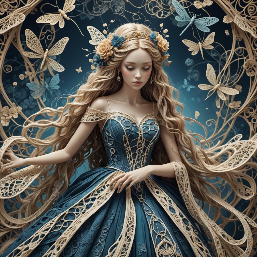 Crochet Yarn Art: Woman with Dragonfly in Filigree