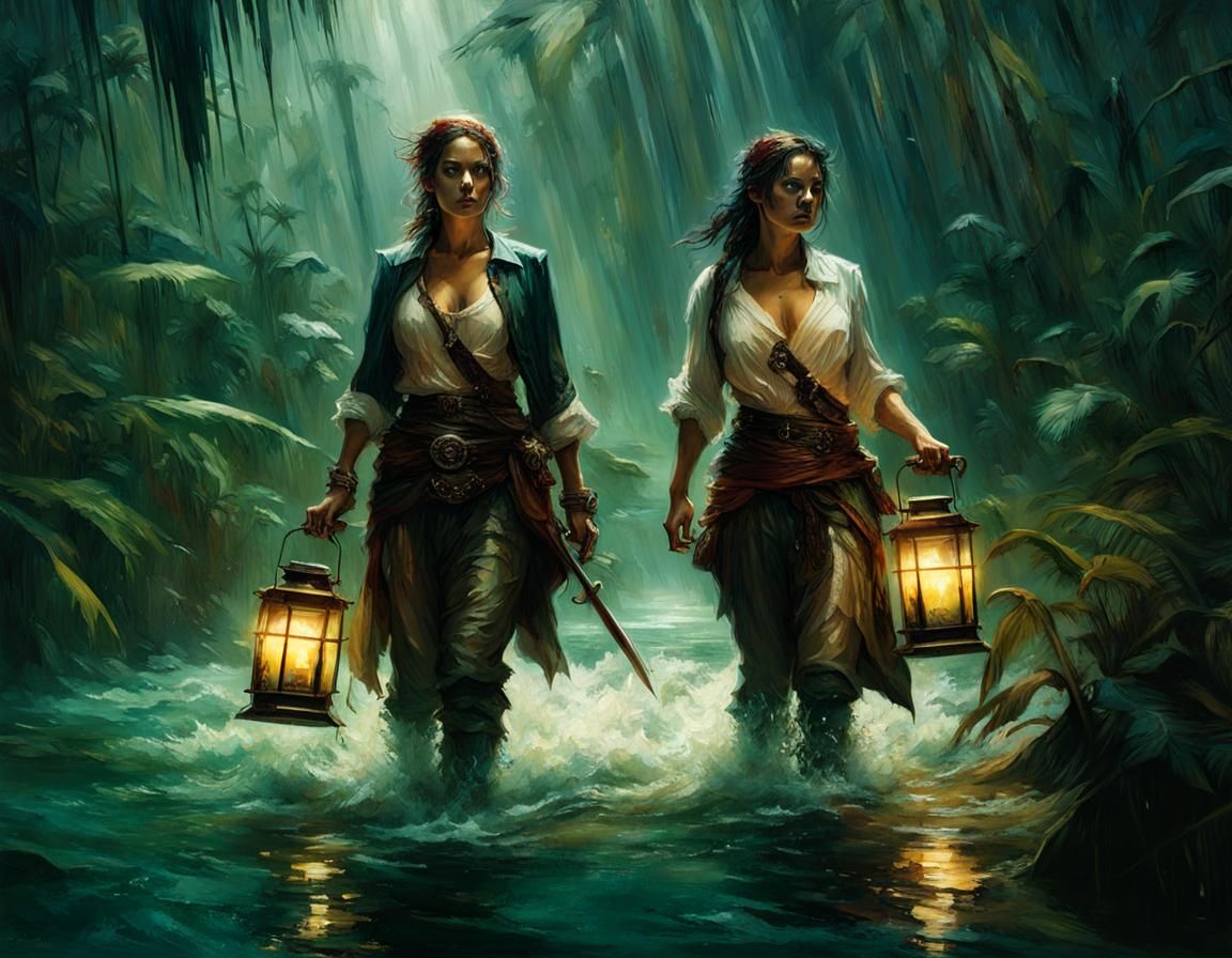 Pirate Women in Jungle Swamp: Fantasy Splash Art