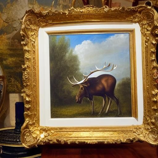 Elegant Moose Drinks Tea: Rococo Oil Painting