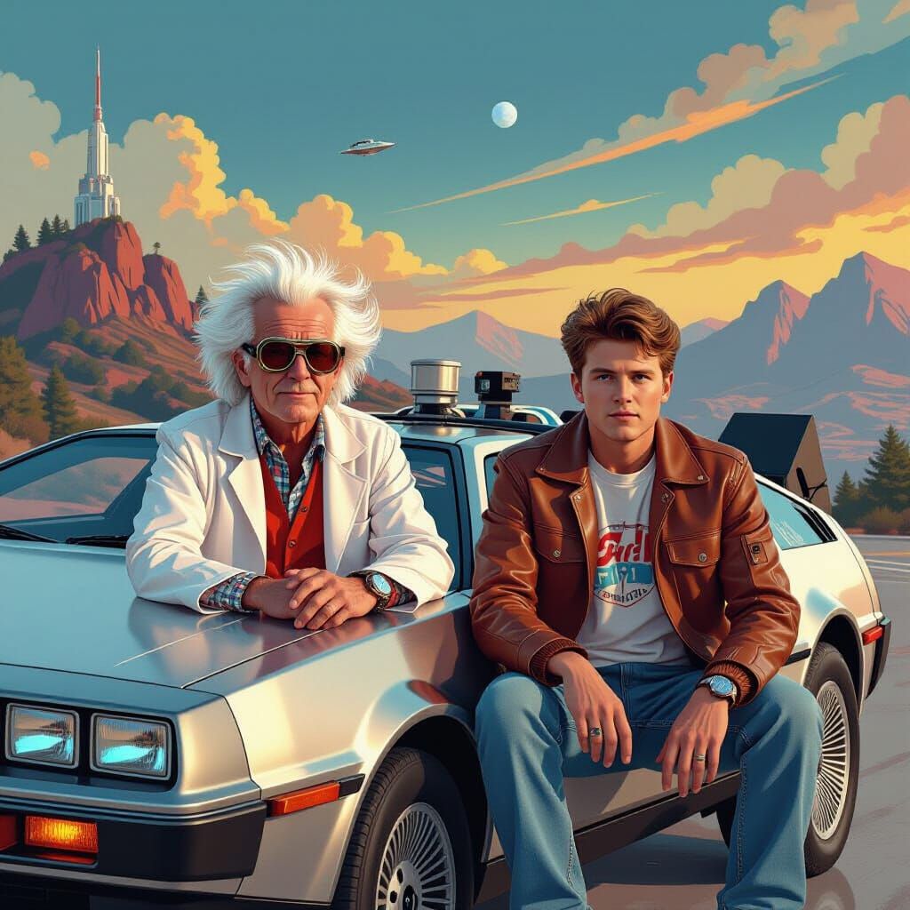 DeLorean Time Machine in Retrofuturistic Hill Valley