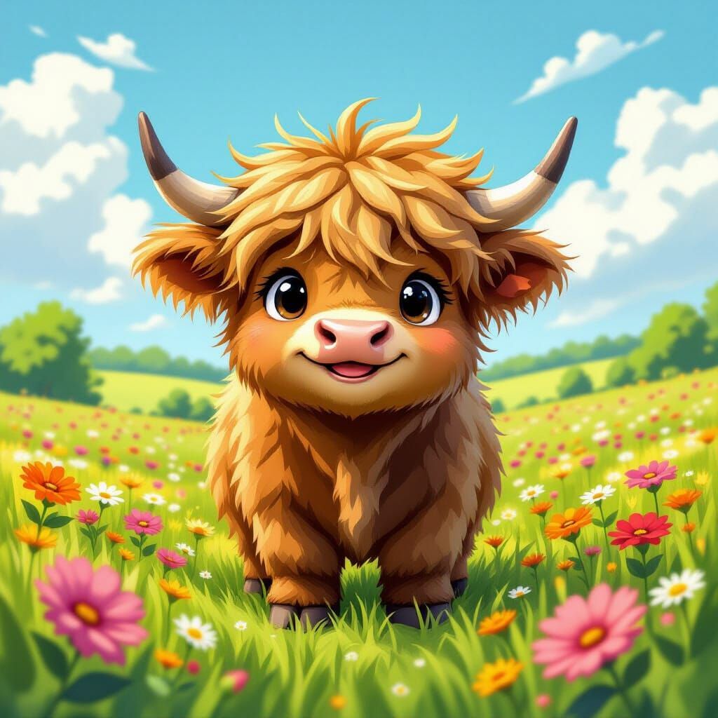 Cute Highland Cow in Comic Book Style
