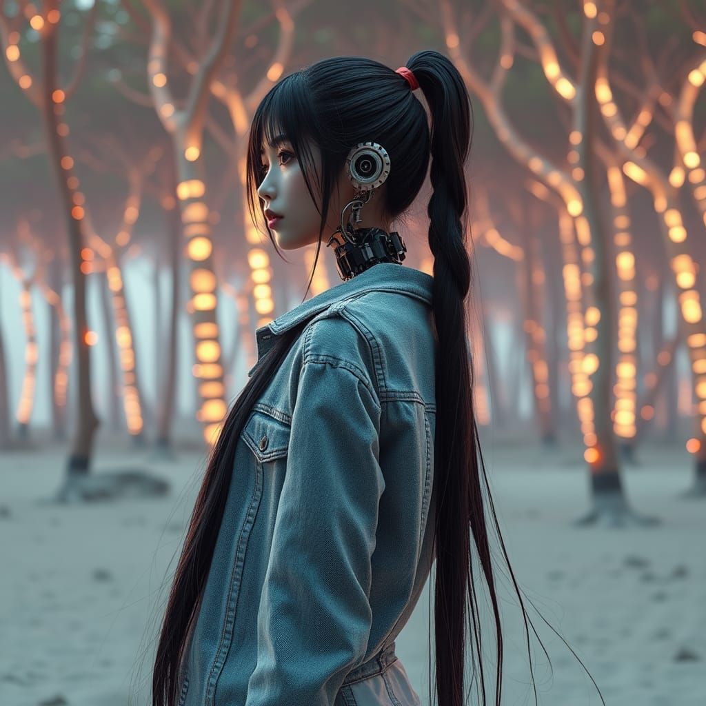 Cyberpunk Korean Robot Woman on Neon Beach