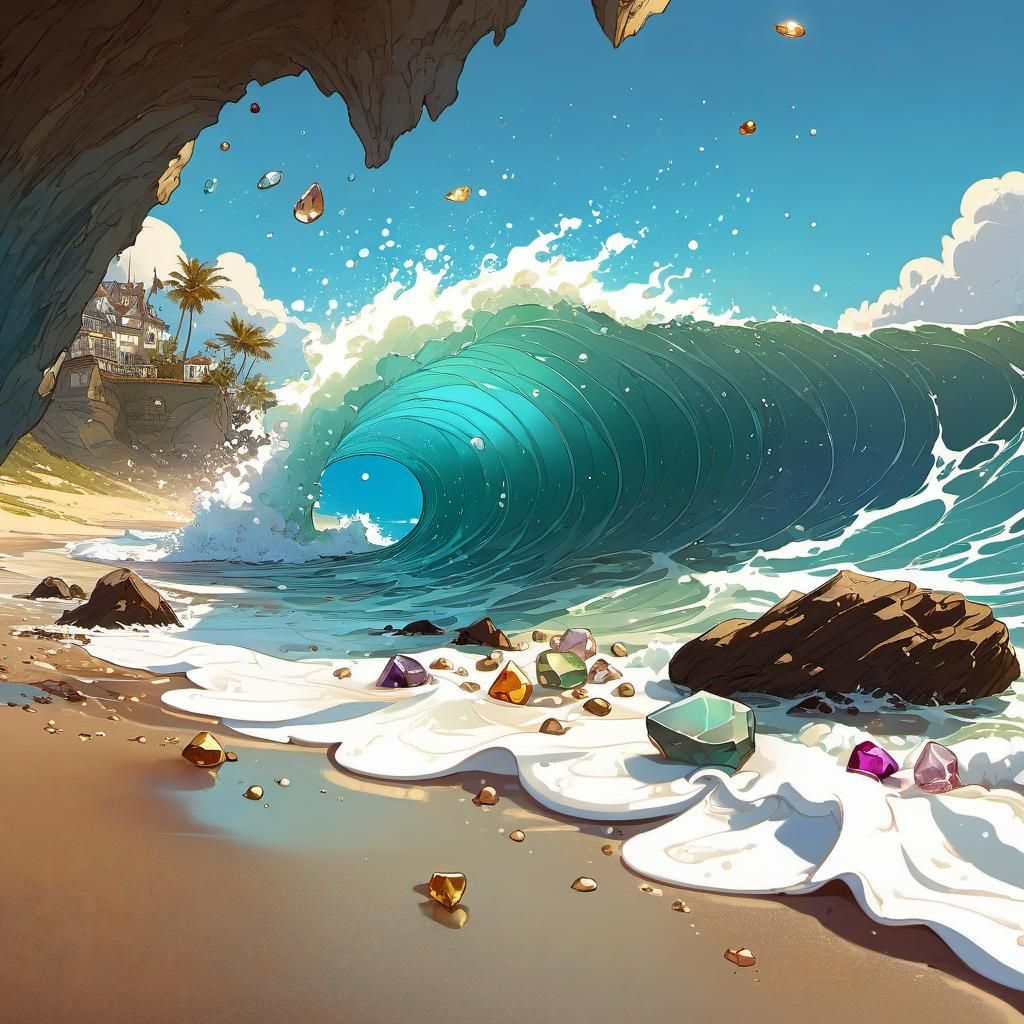 Waves Throwing Gemstones onto Beach, Rococo Style