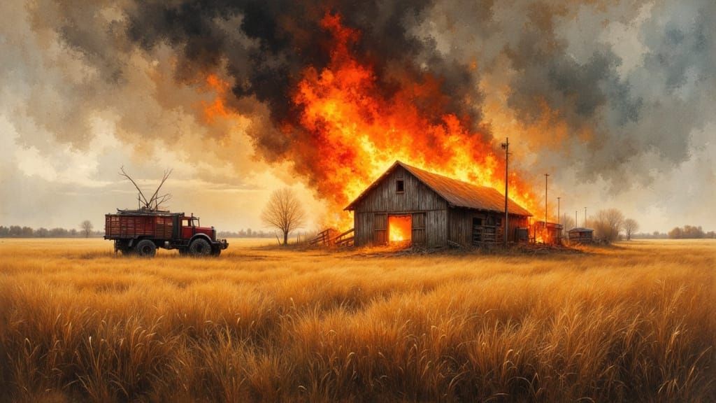 Burning Farm in Field: Impasto Oil Painting