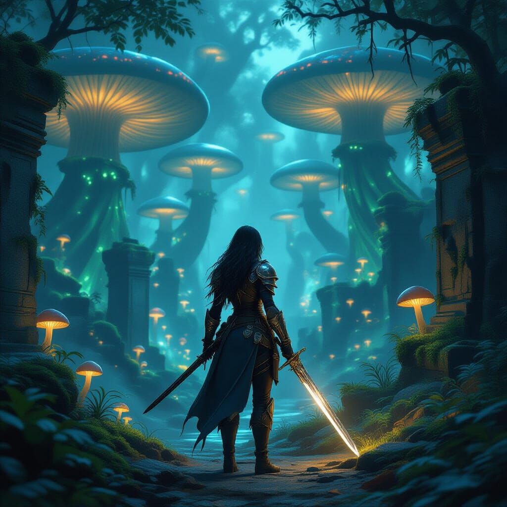 Adventurer in Bioluminescent Forest with Glowing Mushrooms