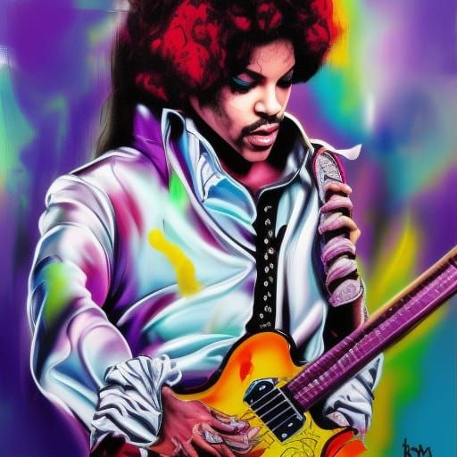 Prince wearing ruffled shirt unbottoned playing guitar purpl...