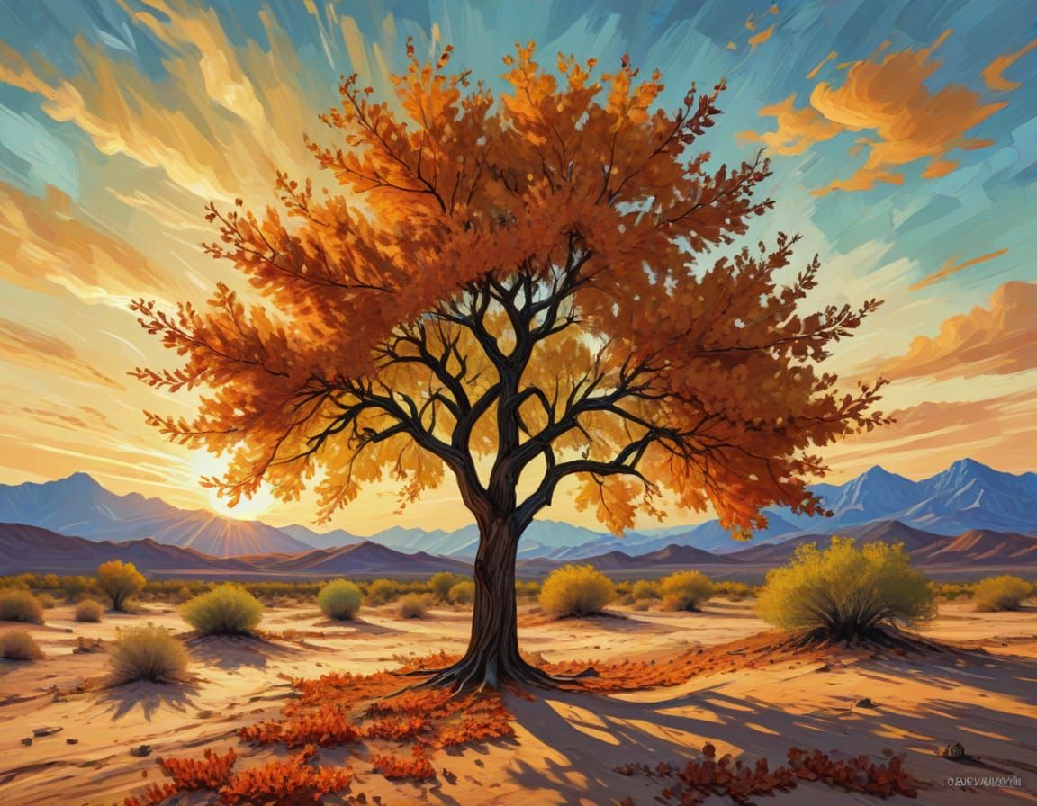 Autumn Tree in Desert Sunset - in Vibrant Impressionist Styl...