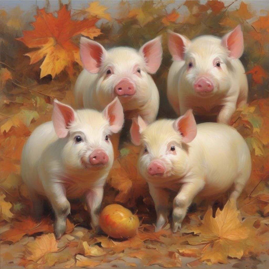 Cute Mini Pigs Playing in Autumn Oak Leaves