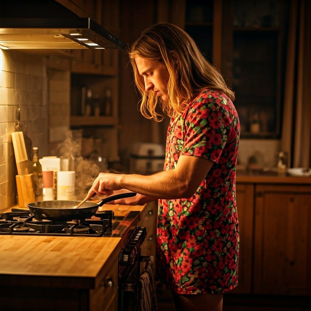 Young Man Lost in Thought, Surrounded by Warm Kitchen Ambian...