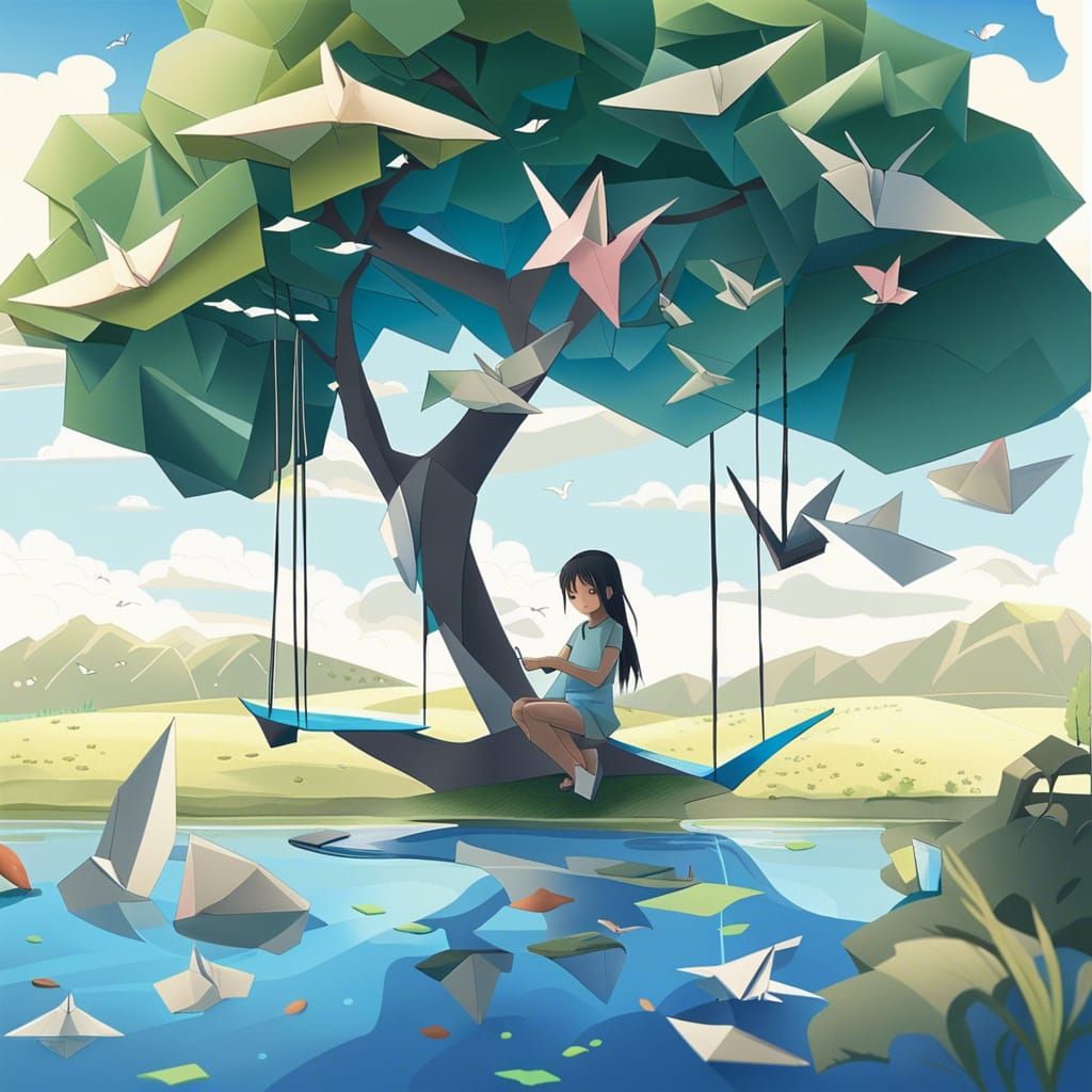 Origami World with Girl Reading