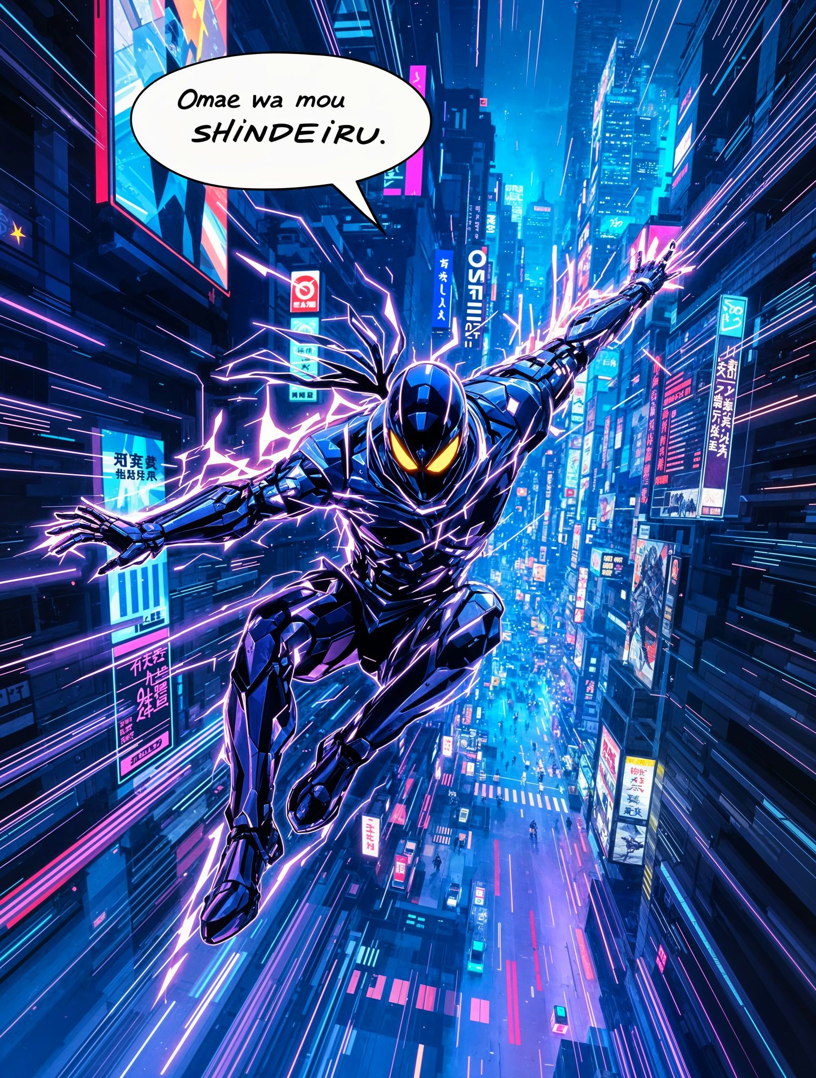 Cyberpunk Assassin Lands Dynamically in a Neon-Lit City