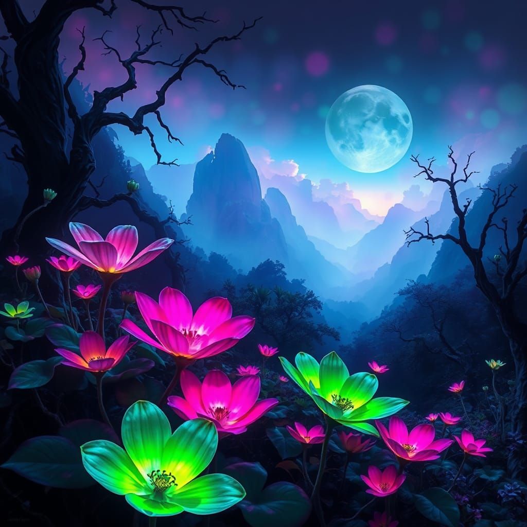 Fluorescent Flowers in Mystical Dreamscape