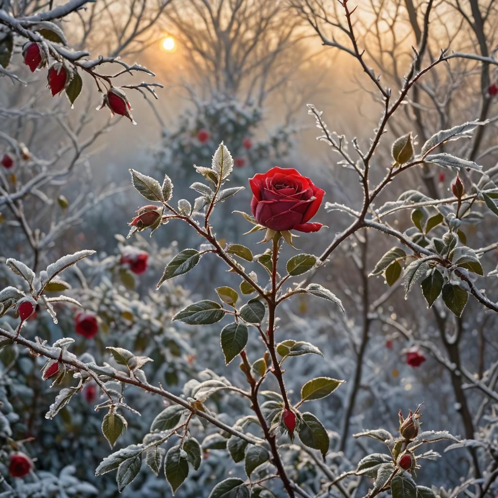 Red Rose Blooming in Winter Wonderland, Matte Painting