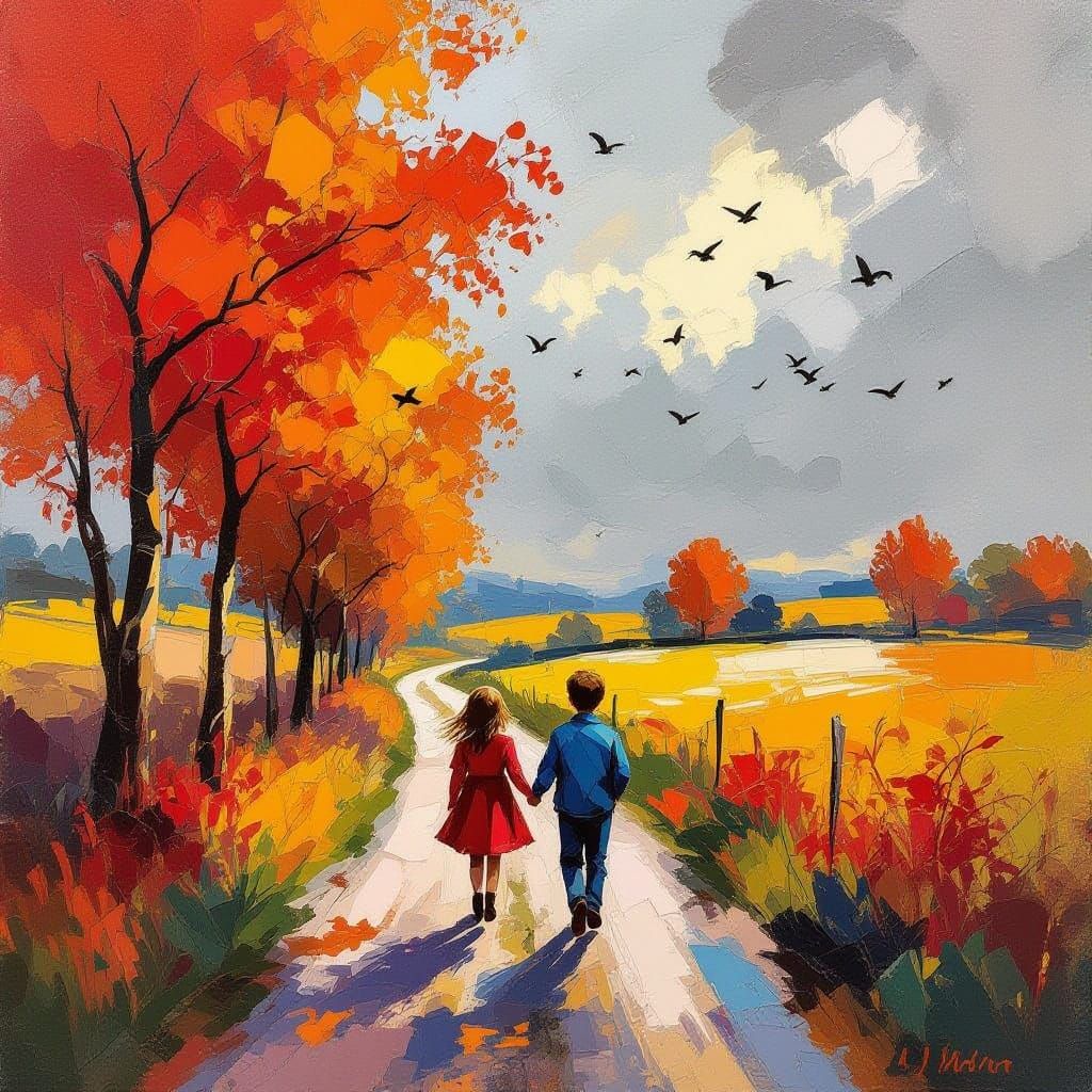 Young Couple in Abstract Autumn Landscape