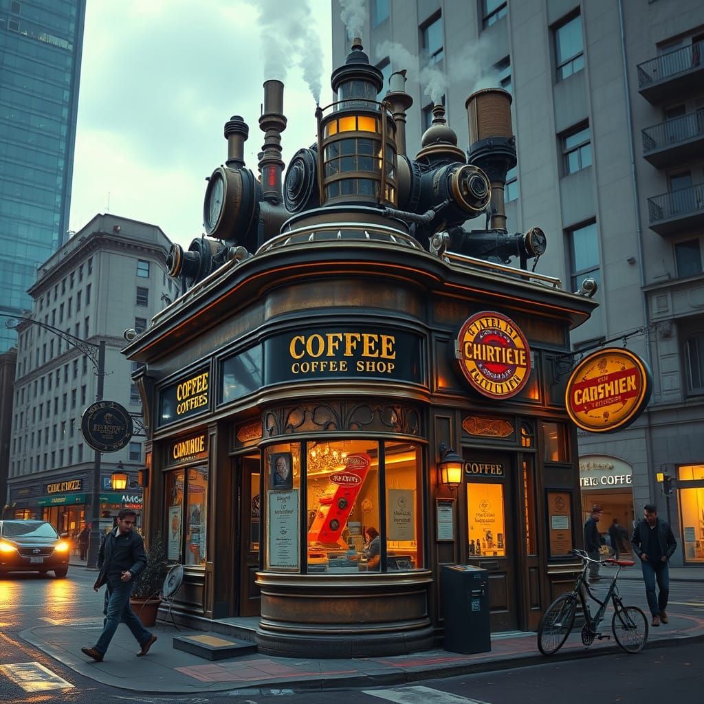 Steampunk Coffee Shop in Bustling City, Syd Mead Style