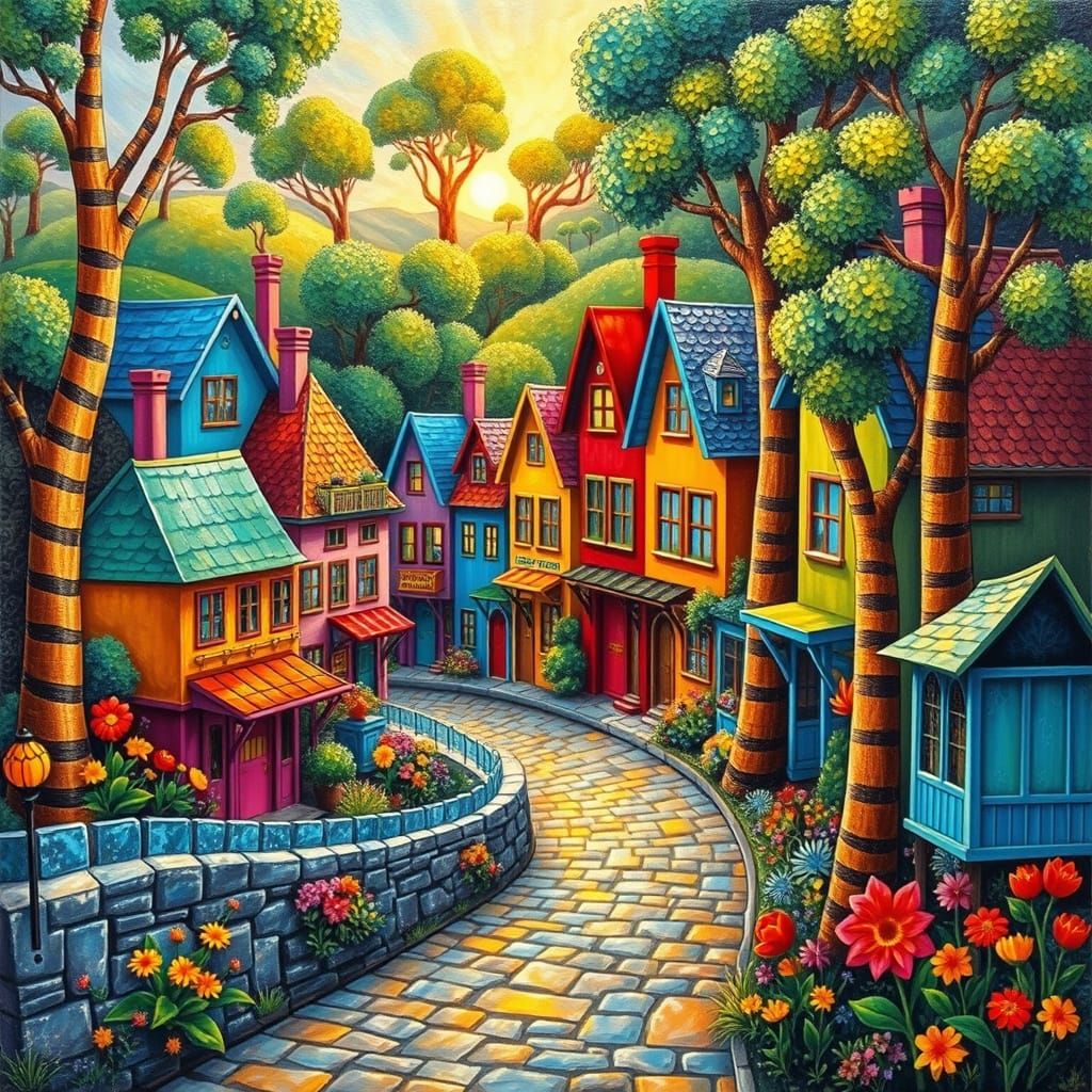 Vibrant Storybook Town in Shimmering Acrylic Colors