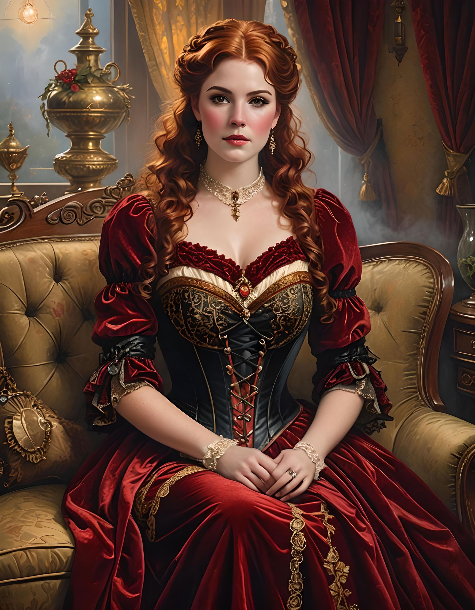 Victorian Woman in Red Dress, Ethereal Portrait