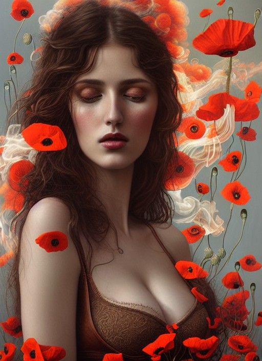 Red poppy flower brunette woman
