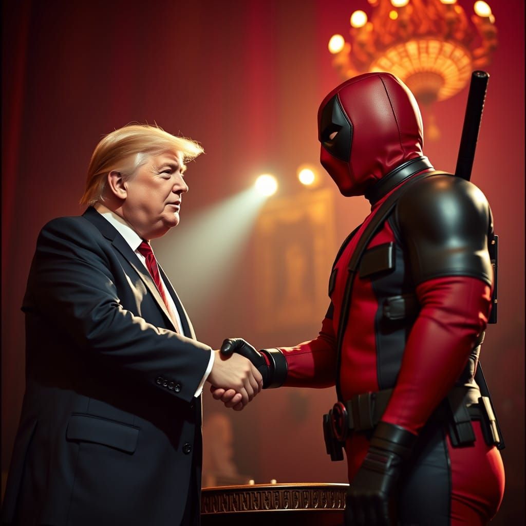 Trump Shakes Hands with Deadpool in Cinematic Grandeur