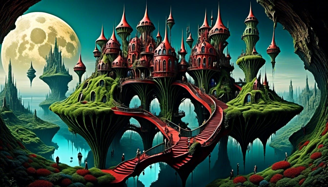 Surreal Castle with Floating Towers in Surrealist Style