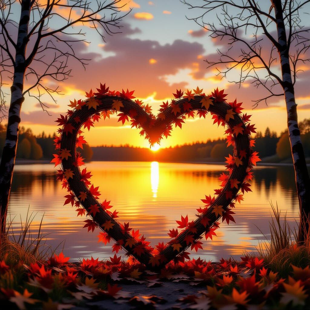 Romantic Sunset Over Lake with Autumn Wreath