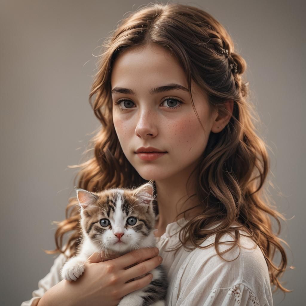 Heartwarming Portrait: Girl and Kitten in Cinematic Style