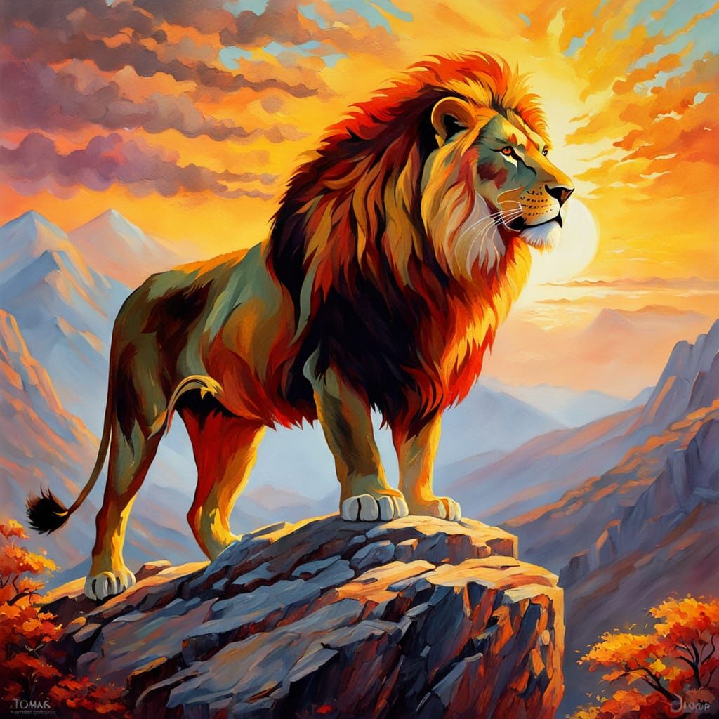 Lion with Fiery Mane on Crag Overlooking Savanna