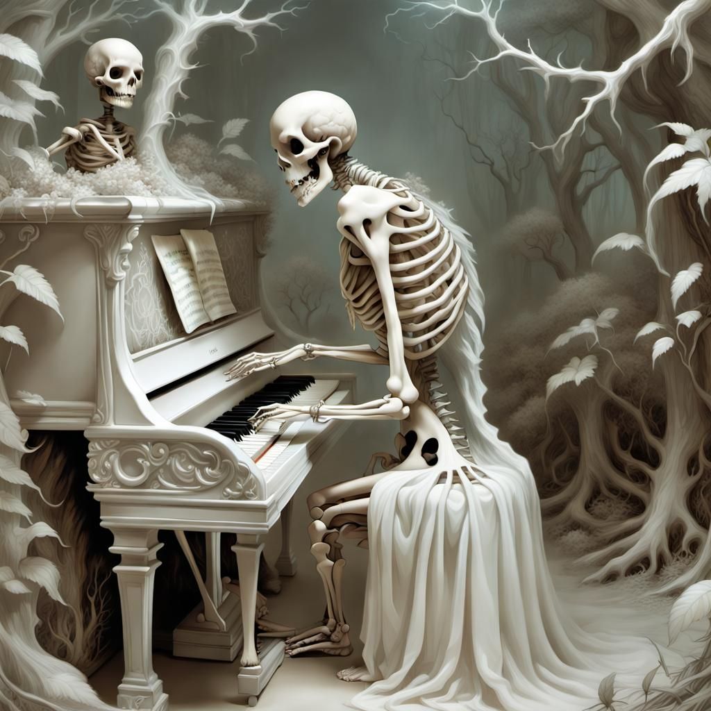 Surreal Skeleton Piano Player in Gothic Style