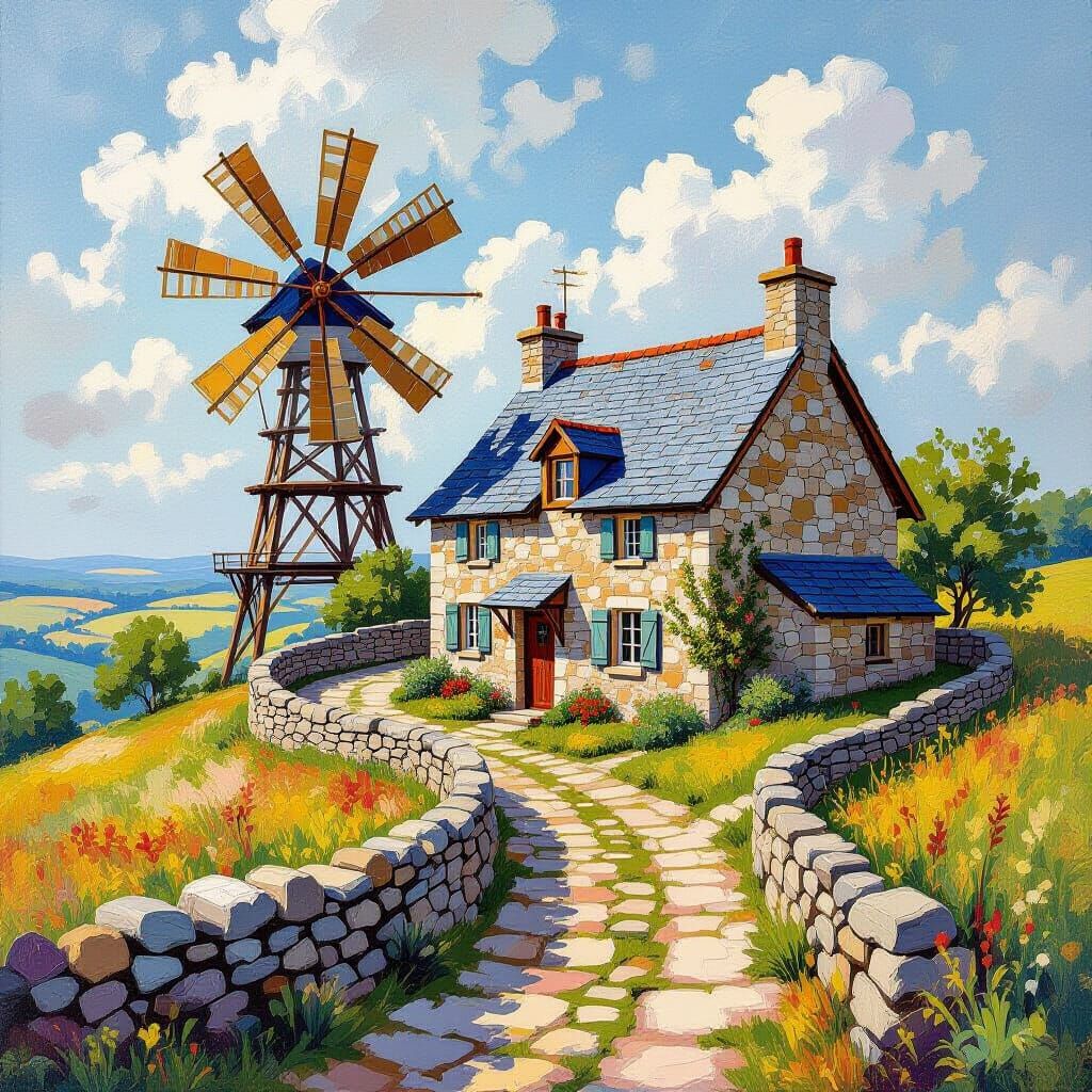 Cozy Cottage and Windmill in Neo-Impressionist Oil Painting