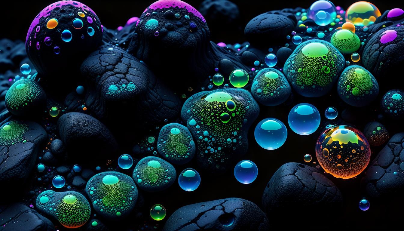 Fluorescent Foam and Bubbles on Lava Rock