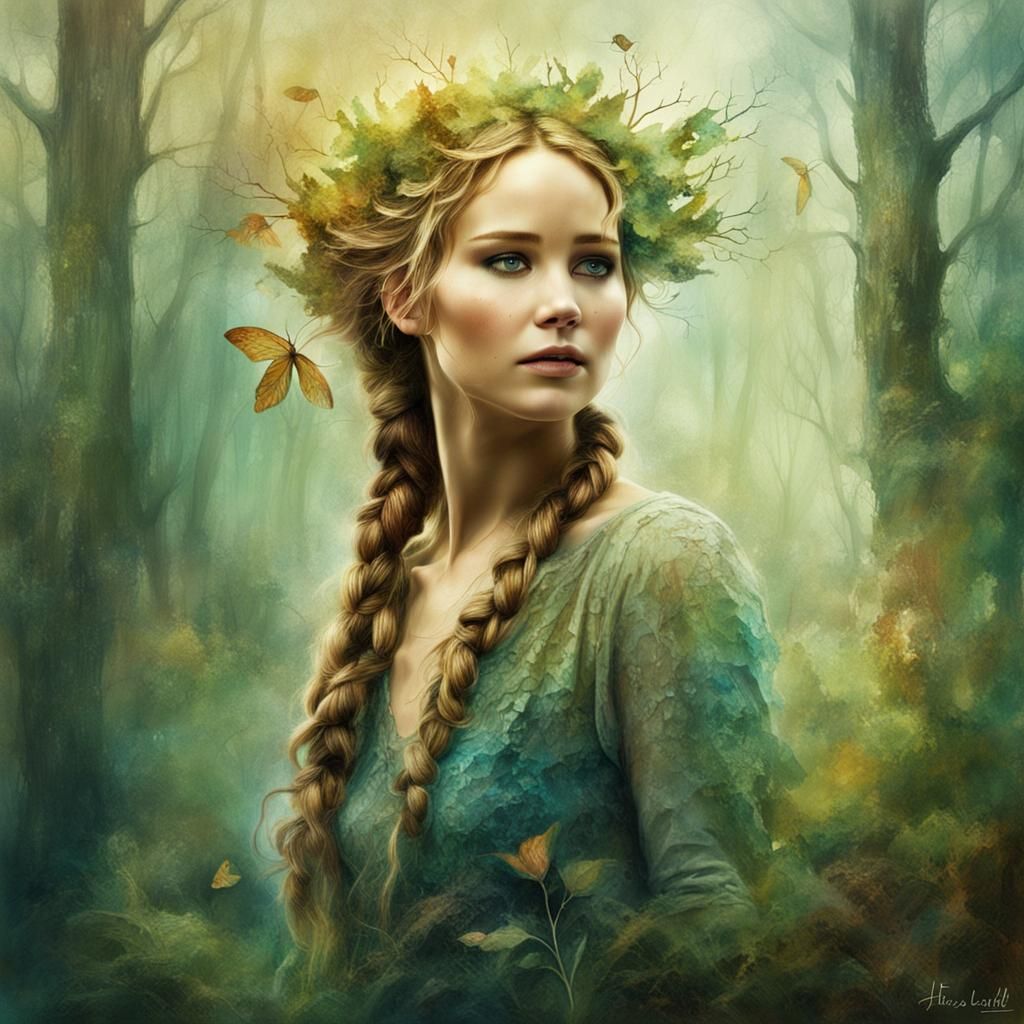 Jennifer Lawrence as Woodland Dryad in Abstract Style