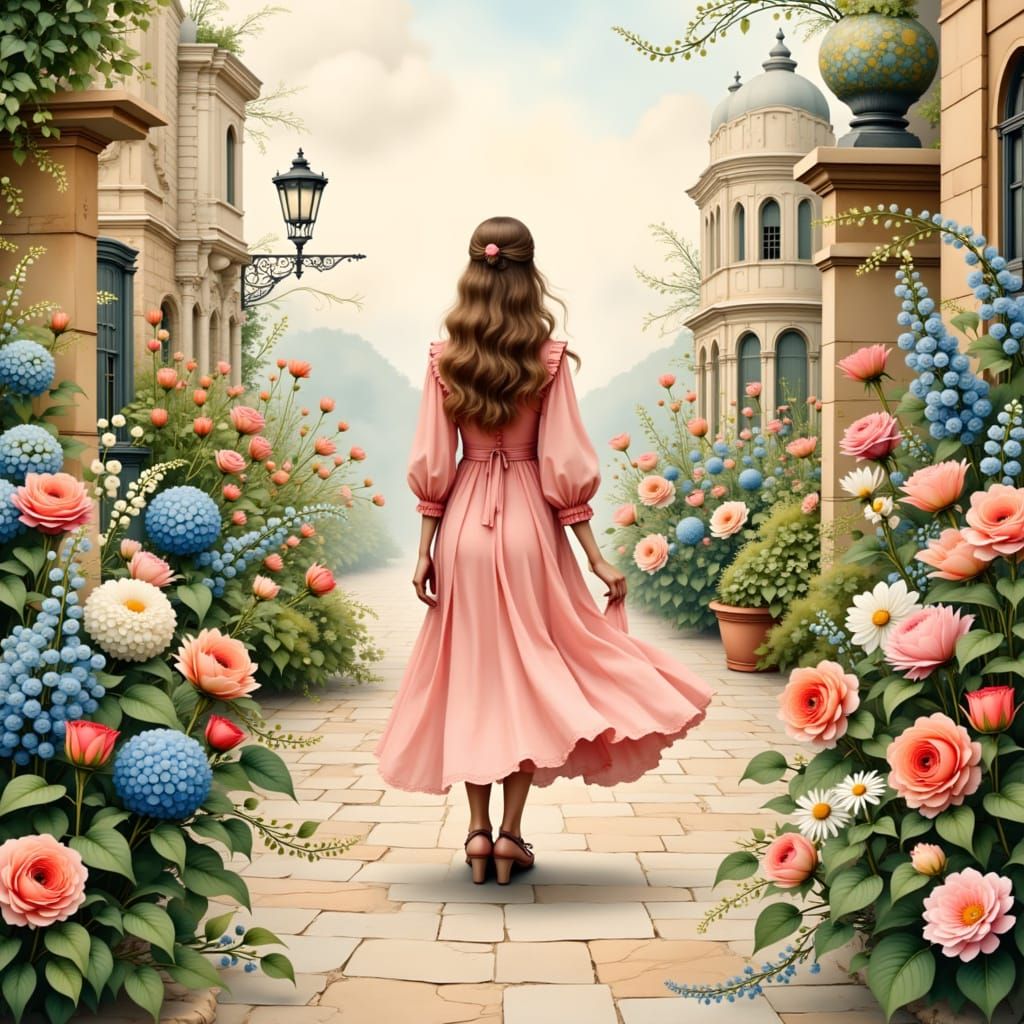 Floral Vintage Cityscape with Woman in Dress