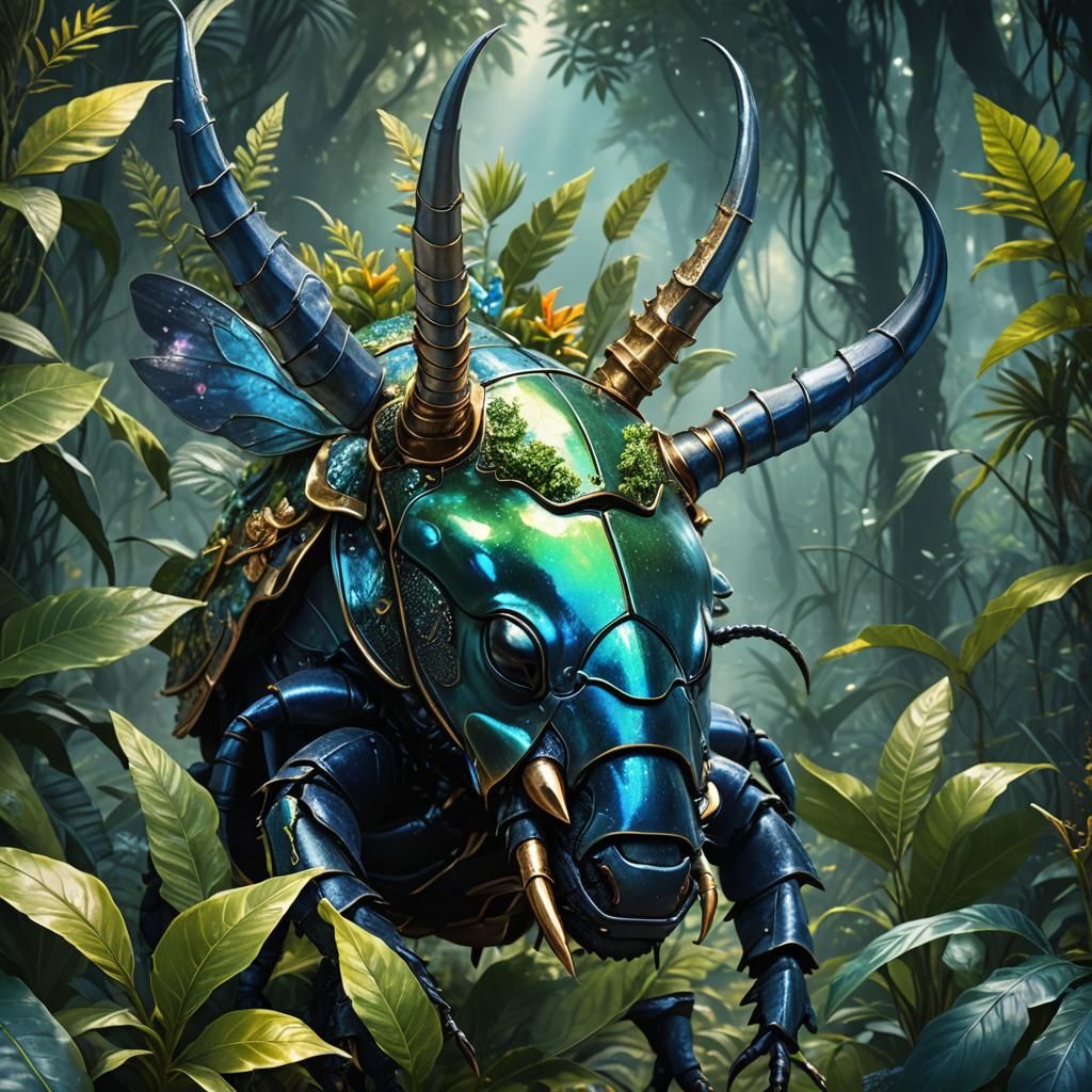 Angel Rhino Beetle in Exotic Jungle, Digital Art