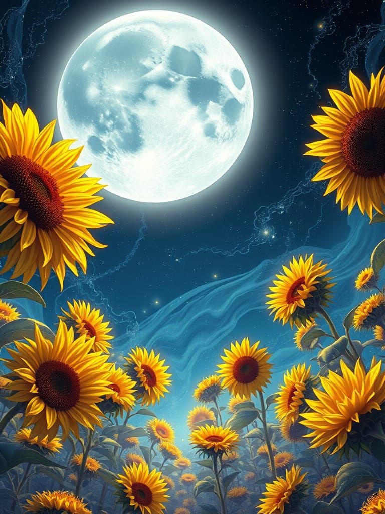 Golden Sunflowers Under a Wavy Midnight Moon