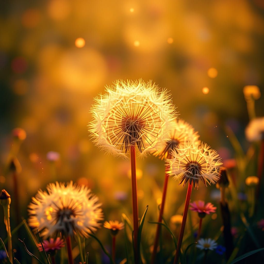 Whimsical Dandelions in Dreamlike Landscape